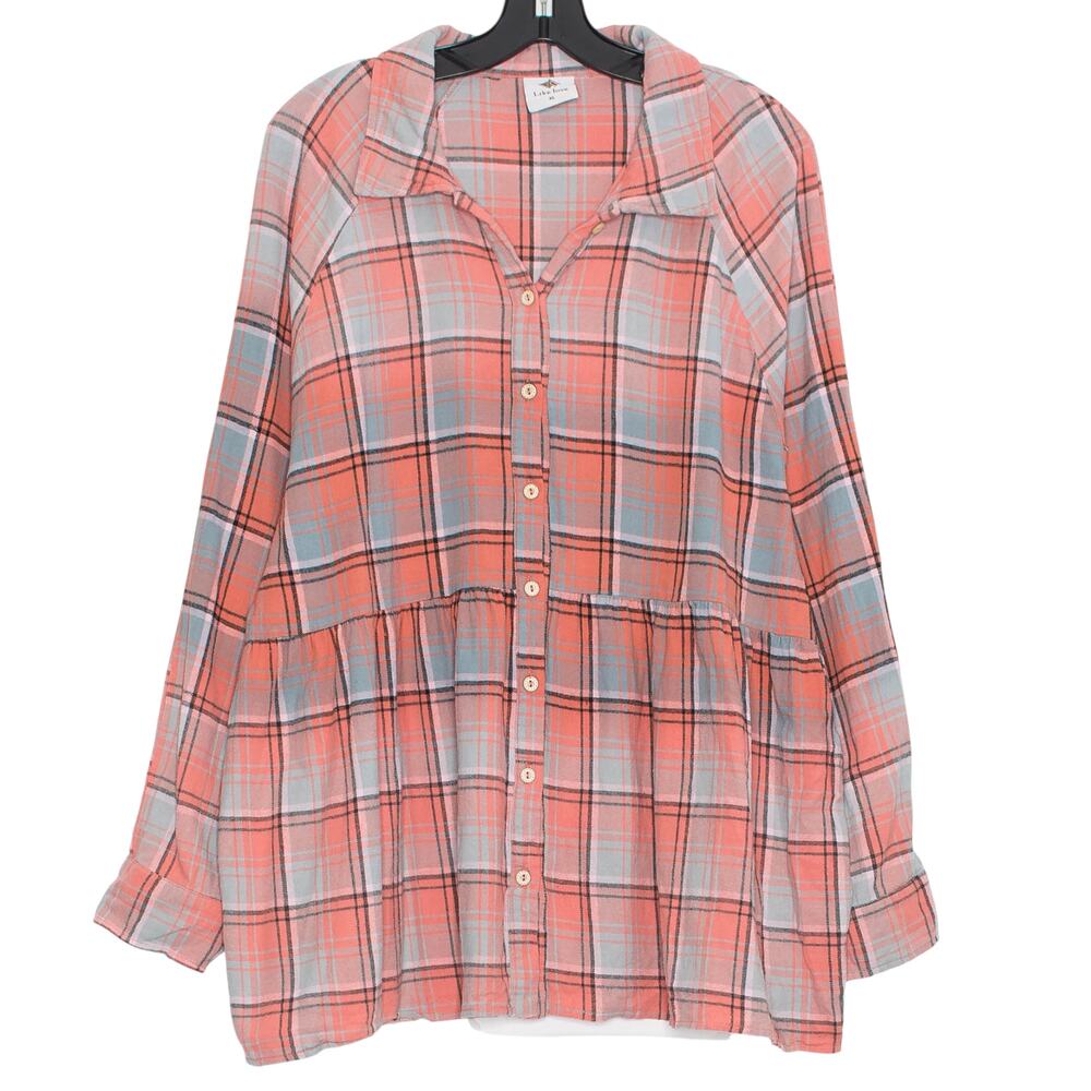 Like Love Top Cottage Oversize Peplum Y2K Grunge Academia Preppy Button Plaid XL